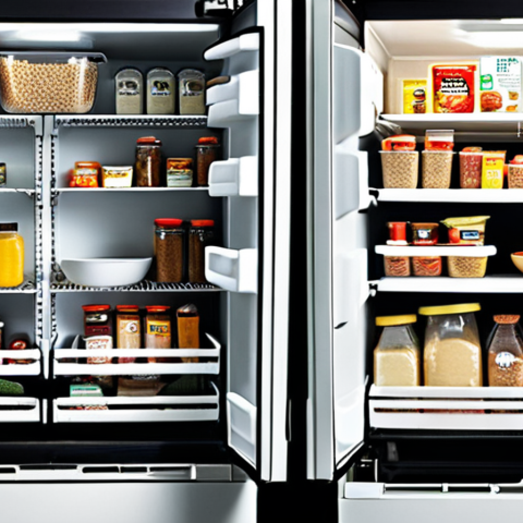 **Image Prompt:** A split image showcasing two contrasting scenarios. On one side, a brightly lit, organized pantry with food items neatly arranged and labeled, suggesting proper storage and mindful consumption. On the other side, a dimly lit, overflowing refrigerator with expired food containers and spoiled produce, symbolizing food waste and negligence. The image should visually communicate the difference between mindful consumption and wasteful practices related to food expiration dates.