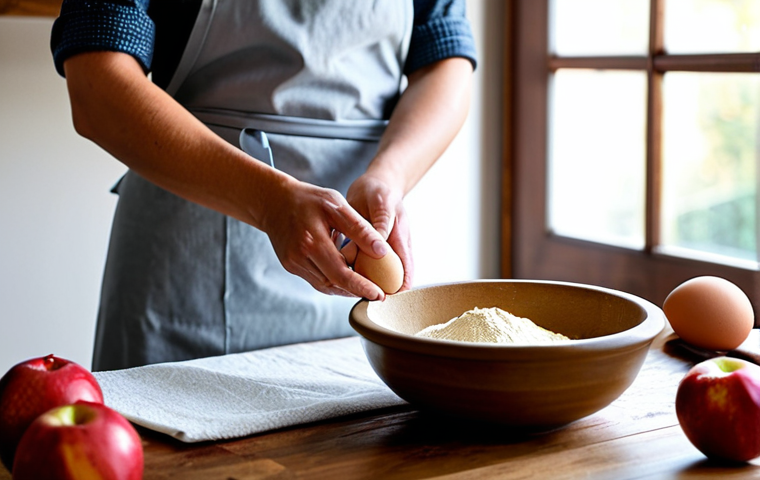 **Image Prompt 1: The Art of Fresh Ingredients and Meticulous Preparation**
A professional baker, fully clothed in a clean, modest apron, is meticulously sifting high-quality organic flour into a ceramic bowl on a pristine wooden kitchen counter. Fresh, vibrant red apples, perfectly oval organic eggs, and a block of premium butter are neatly arranged nearby, catching soft natural light from a window. The focus is on the baker's well-formed hands, gently engaged in the process, and the detailed textures of the fresh ingredients. Perfect anatomy, correct proportions, natural pose, proper finger count, well-formed hands. Professional photography, high resolution, soft background. Safe for work, appropriate content, modest, family-friendly.