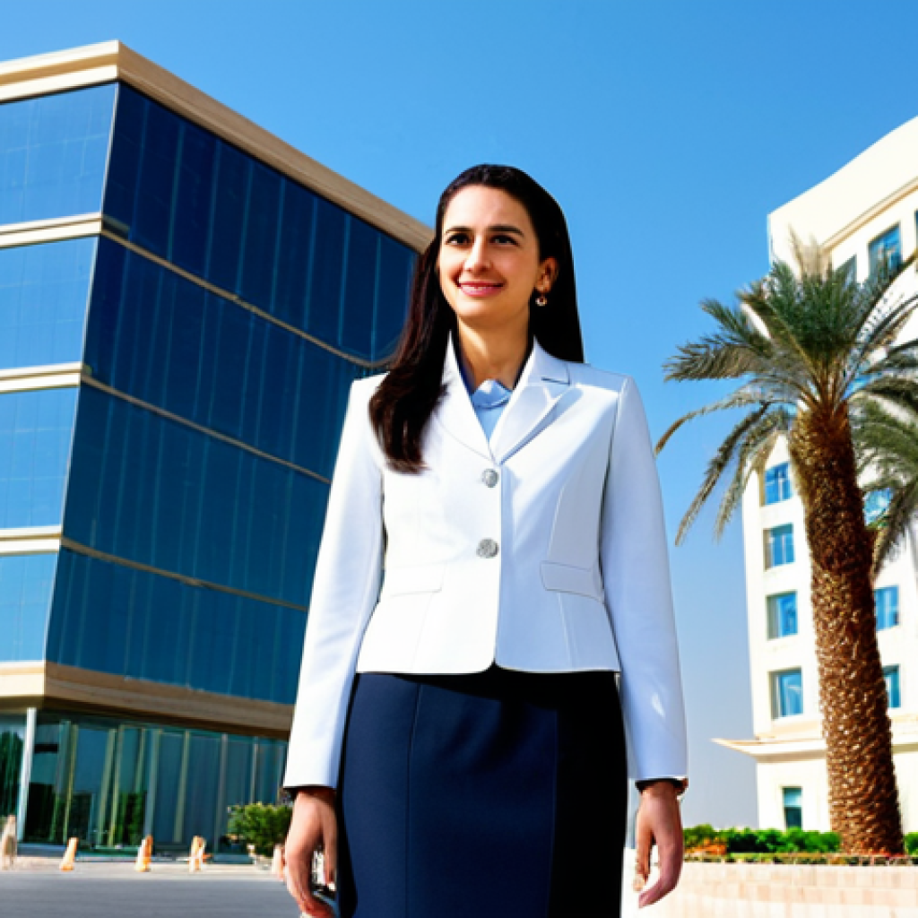 **

A professional businesswoman, fully clothed in a tailored, modest business suit (skirt and jacket), standing confidently in front of a modern office building in Riyadh, Saudi Arabia. The background includes palm trees and a clear blue sky. Perfect anatomy, correct proportions, well-formed hands, natural pose. Professional photography, high quality, safe for work, appropriate content, family-friendly.

**