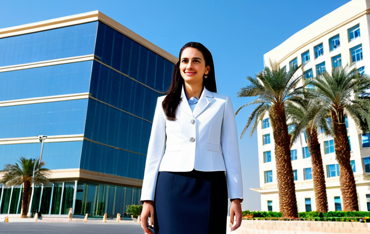 **
A professional businesswoman, fully clothed in a tailored, modest business suit (skirt and jacket), standing confidently in front of a modern office building in Riyadh, Saudi Arabia. The background includes palm trees and a clear blue sky. Perfect anatomy, correct proportions, well-formed hands, natural pose. Professional photography, high quality, safe for work, appropriate content, family-friendly.
**