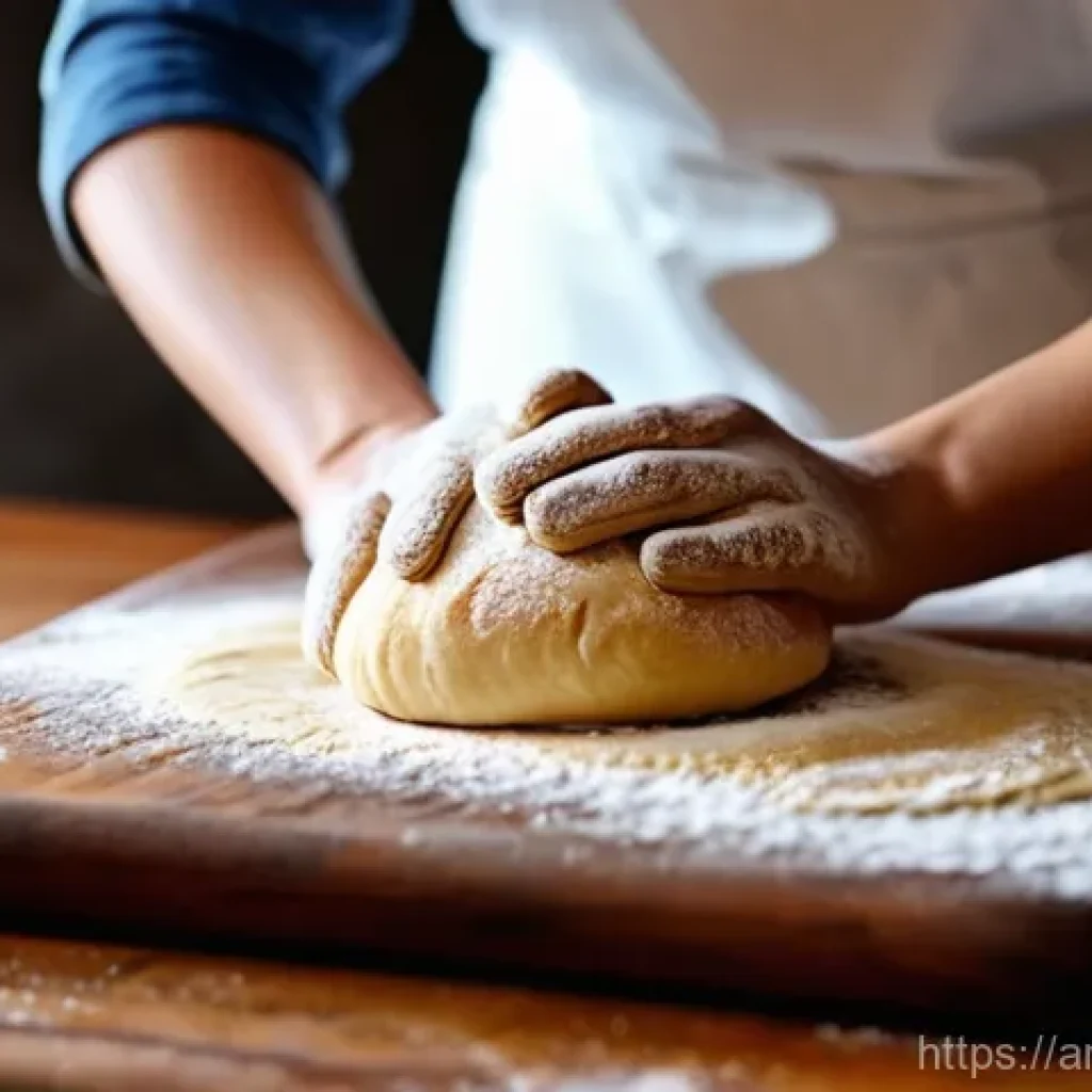 나만의 제과 레시피 공개 - **A close-up shot of gentle hands expertly kneading golden brown dough on a rustic wooden countertop...