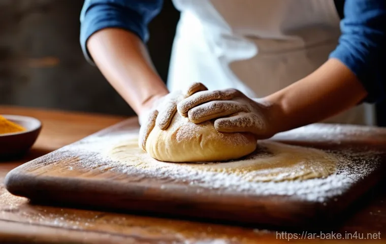 나만의 제과 레시피 공개 - **A close-up shot of gentle hands expertly kneading golden brown dough on a rustic wooden countertop...