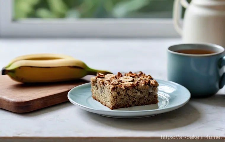 저지방 제과 제품 - **A Cozy Morning with Healthy Banana-Oat Cake**
"A beautifully styled kitchen counter at sunrise...
