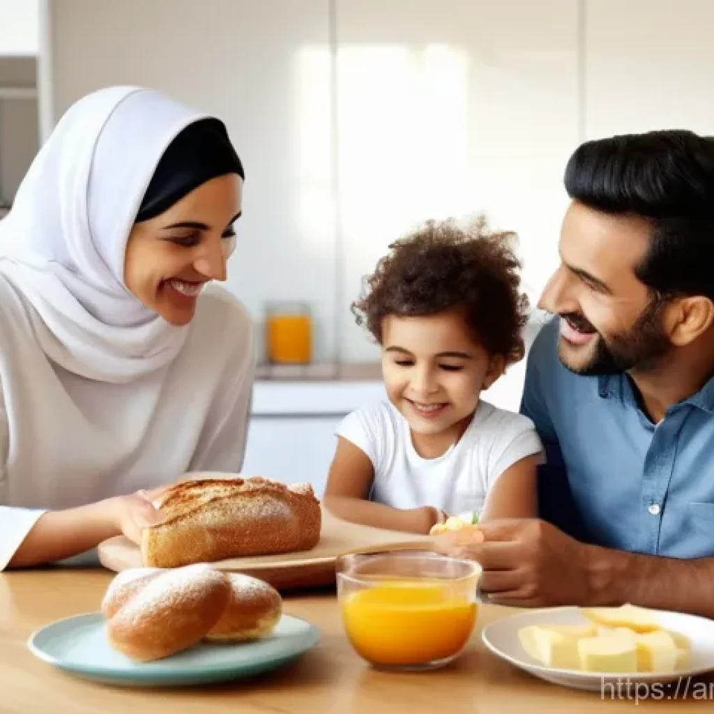 유산균이 포함된 제과 - A heartwarming scene of a modern Arab family (father, mother, two children - an older child and a to...