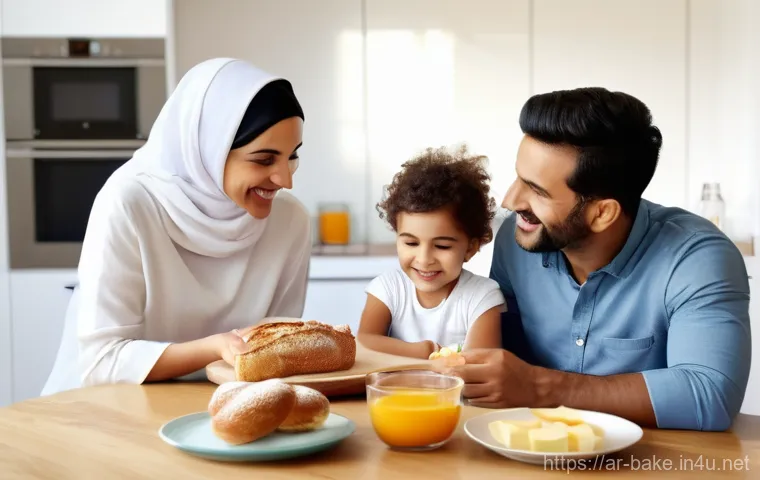 유산균이 포함된 제과 - A heartwarming scene of a modern Arab family (father, mother, two children - an older child and a to...