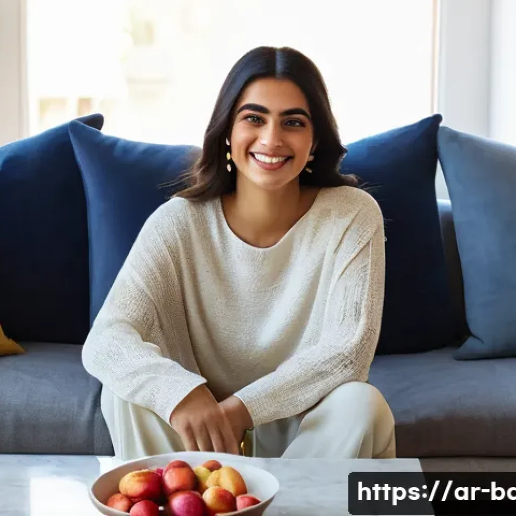 저칼로리 스낵 브랜드 - A vibrant, naturalistic photograph capturing a young Arab woman in her mid-20s, with a warm, genuine...
