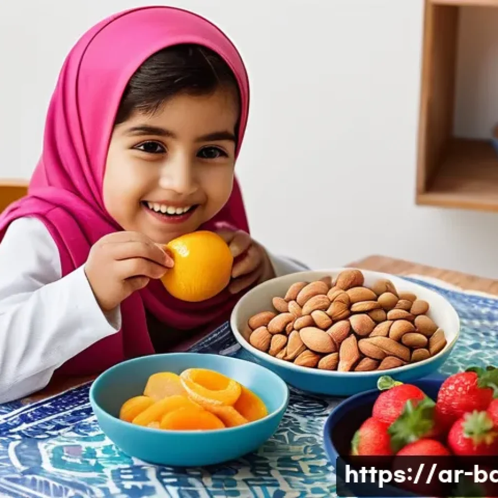 아이들을 위한 과자 제품 - A vibrant, colorful spread of healthy snacks tailored for Arabic children, featuring fresh sliced fr...