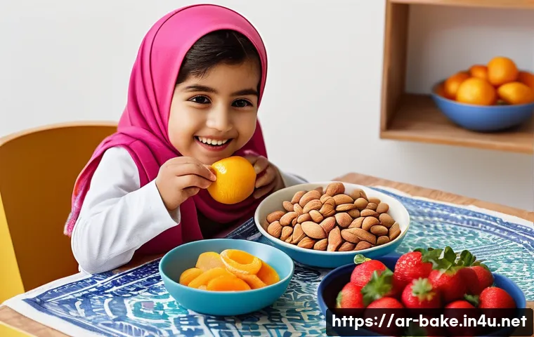 아이들을 위한 과자 제품 - A vibrant, colorful spread of healthy snacks tailored for Arabic children, featuring fresh sliced fr...