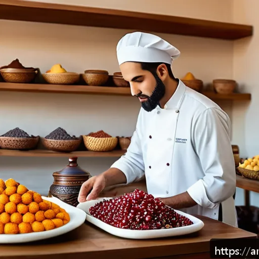 고급 제과 제품 품질 보증 - A luxurious Arabic dessert kitchen scene showcasing a baker carefully selecting fresh, organic ingre...