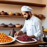 고급 제과 제품 품질 보증 - A luxurious Arabic dessert kitchen scene showcasing a baker carefully selecting fresh, organic ingre...