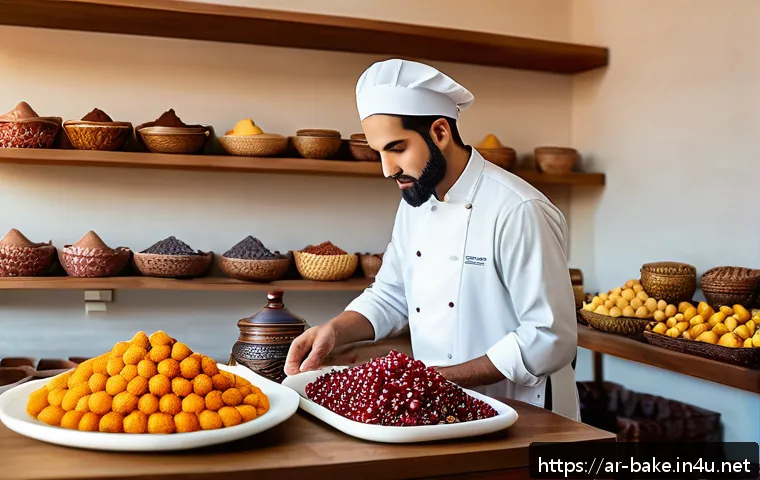 고급 제과 제품 품질 보증 - A luxurious Arabic dessert kitchen scene showcasing a baker carefully selecting fresh, organic ingre...