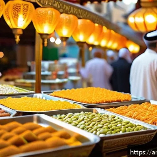 과자 가격대별 추천 - A vibrant Middle Eastern dessert market scene during Ramadan evening, showcasing traditional sweets ...