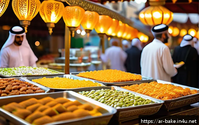 과자 가격대별 추천 - A vibrant Middle Eastern dessert market scene during Ramadan evening, showcasing traditional sweets ...