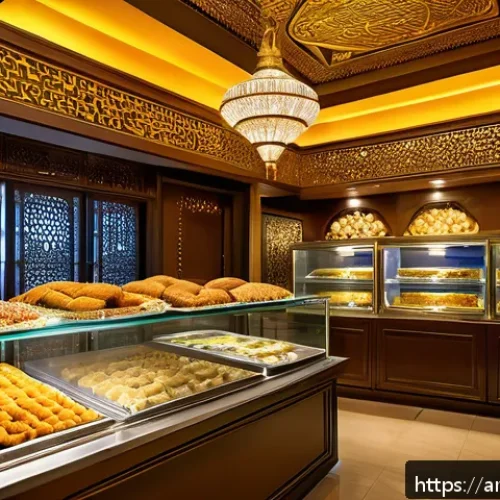 사탕과 껌 영양소 - A vibrant and culturally rich Arabic sweet shop interior, showcasing traditional Middle Eastern dess...