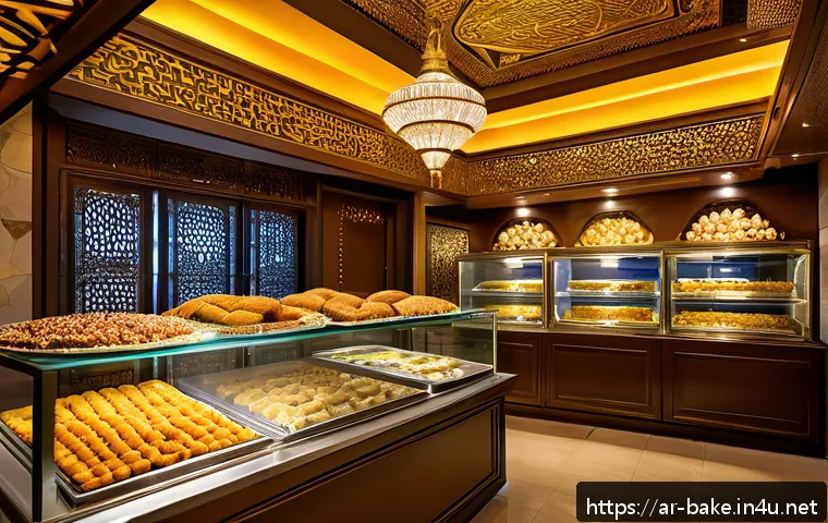 사탕과 껌 영양소 - A vibrant and culturally rich Arabic sweet shop interior, showcasing traditional Middle Eastern dess...
