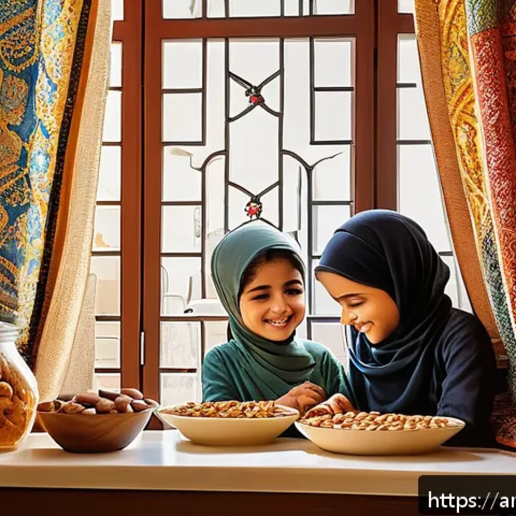 어린이 과자 영양 정보 - A bright and inviting Middle Eastern kitchen scene featuring a family of Arabic descent preparing he...