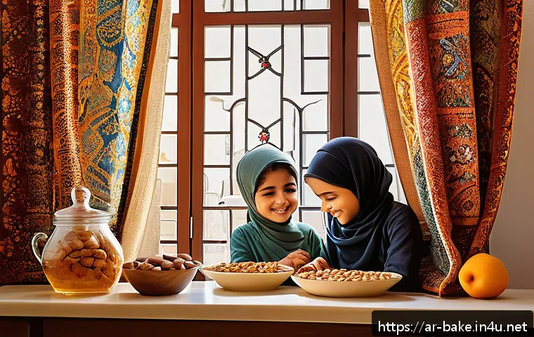 어린이 과자 영양 정보 - A bright and inviting Middle Eastern kitchen scene featuring a family of Arabic descent preparing he...