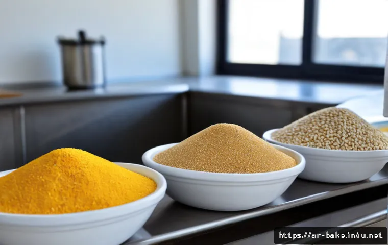 과자 제조 시 주원료 - Photorealistic snack manufacturing ingredient preparation, neatly arranged bowls of wheat flour, gra...