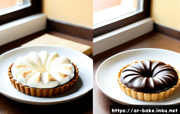 초코파이 제조사 비교 - Photorealistic product comparison scene of two unbranded chocolate-coated marshmallow pie snacks on ...